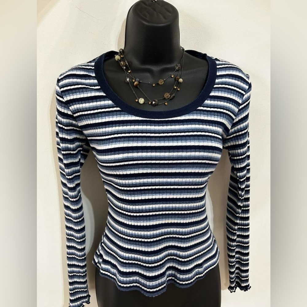 Xhilaration Navy and White Striped Ribbed Long-Sleeve Top